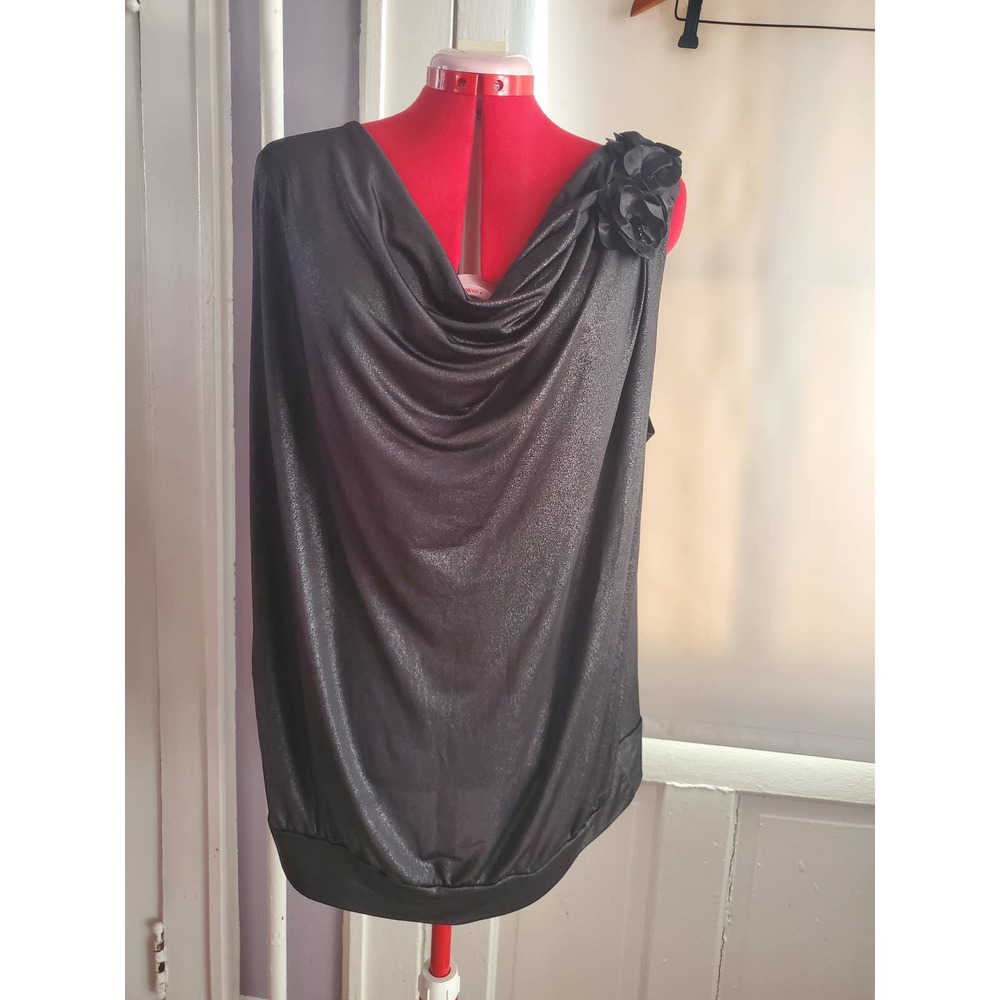 Time and a Half Sparkly Black Top with Drape Neck and Floral Accent, 3XL